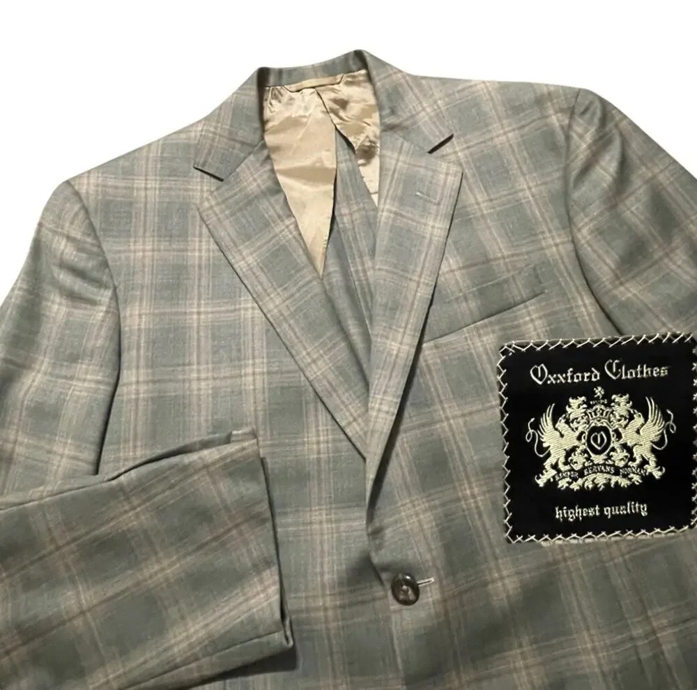 Oxxford Clothes Sport Coat Mens 40R Blue & Beige Plaid Bespoke Cashmere Silk USA